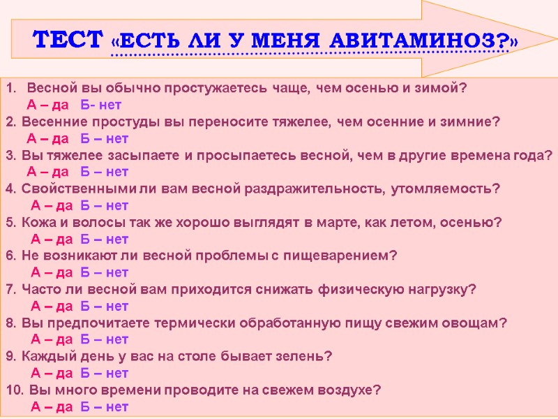 ТЕСТ «ЕСТЬ ЛИ У МЕНЯ АВИТАМИНОЗ?»  Весной вы обычно простужаетесь чаще, чем осенью